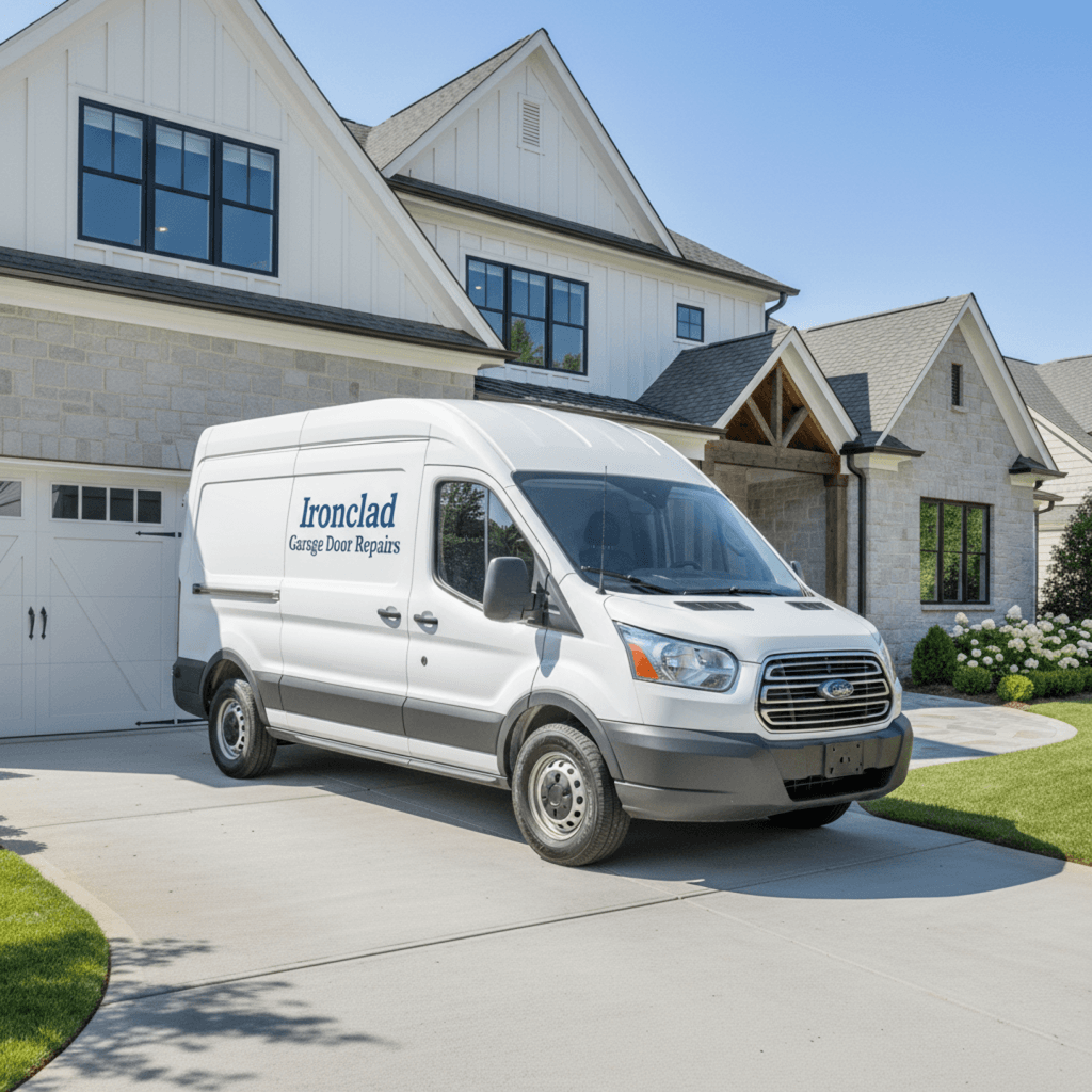 Ironclad Garage Door Repairs service van parked in a Johns Creek driveway
