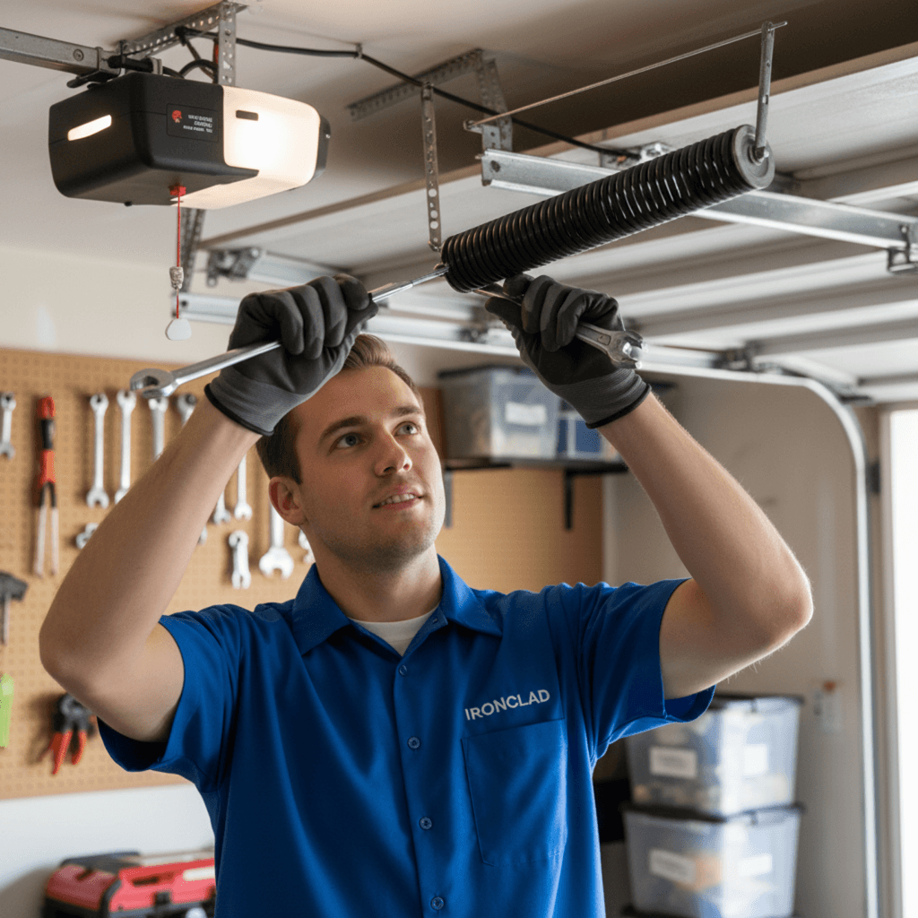 Professional Ironclad technician performing residential garage door torsion spring replacement