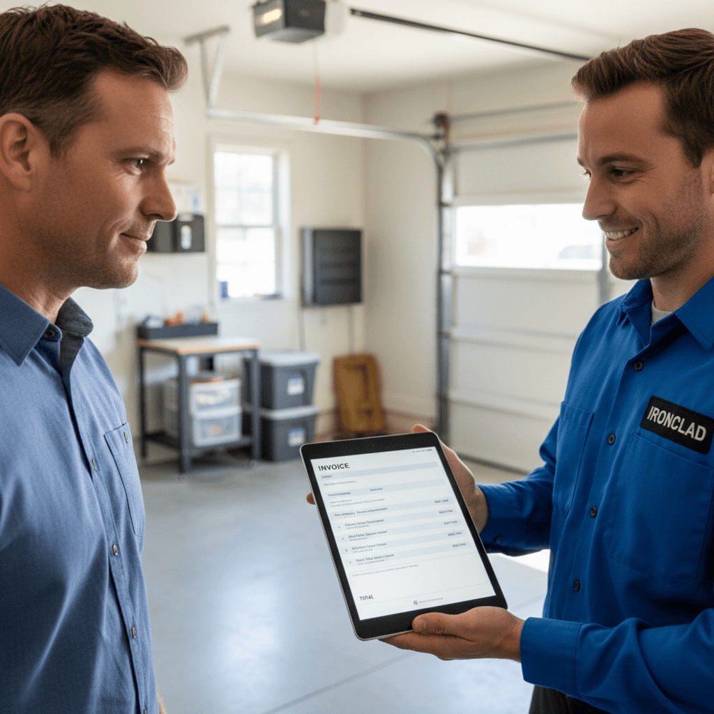 Ironclad Garage Door Repairs technician presenting a transparent flat-rate estimate to a customer
